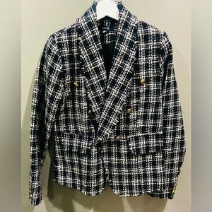 Aqua Black and White Checkered Gold Metallic Blazer Gold Tone Buttons NWT